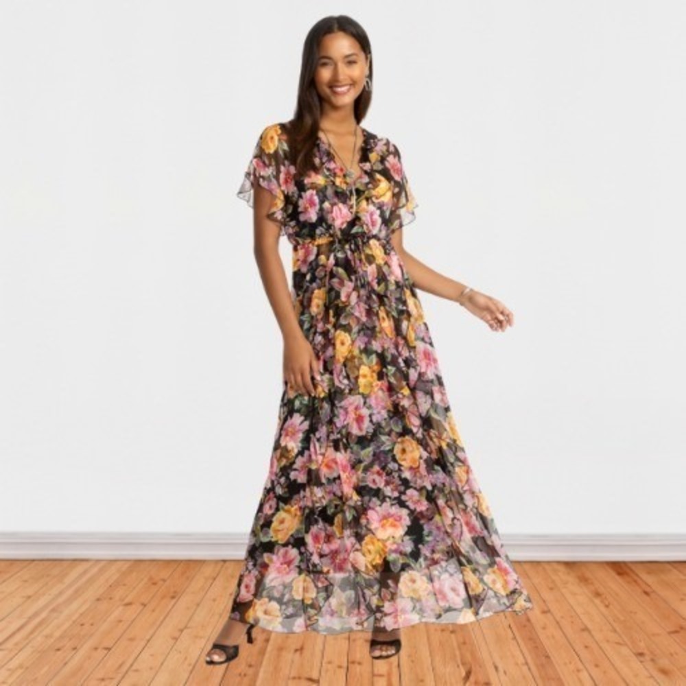 Johnny Was Jade Suri Ruffle Floral 100% Silk Maxi Dress Small Resort L38025-1